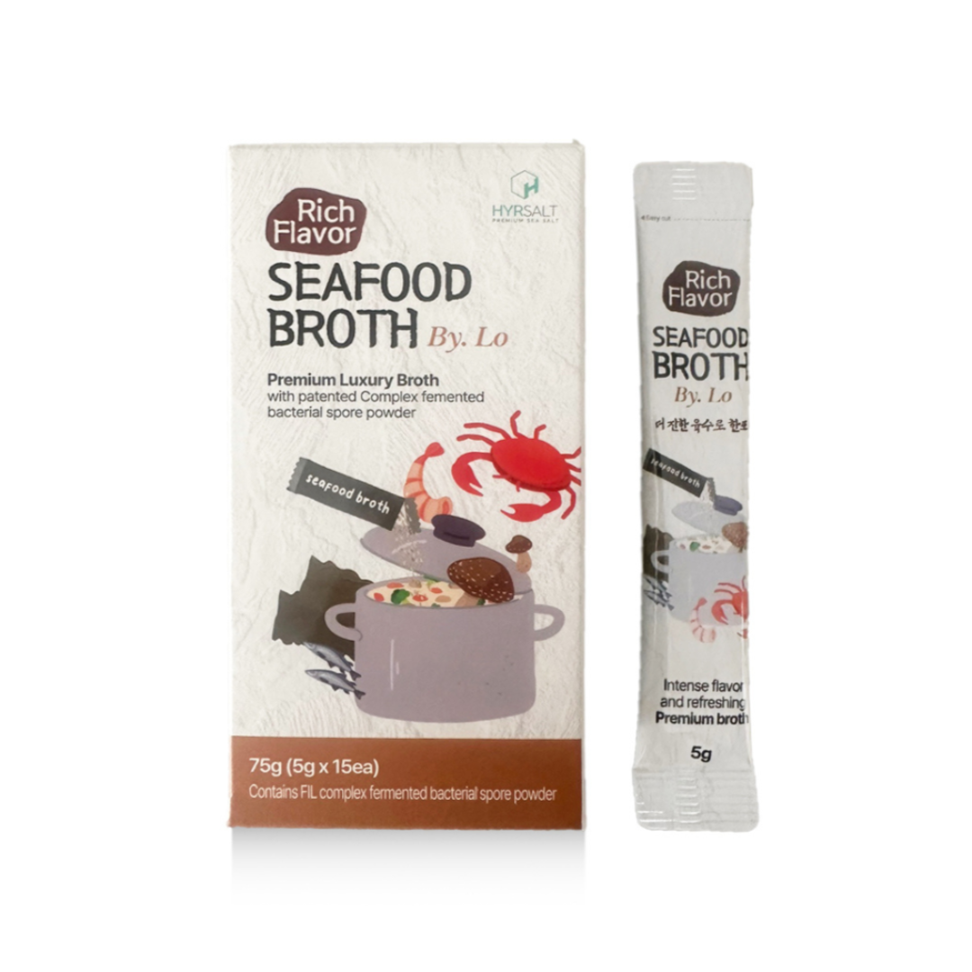 Seafood broth packaging with box and single stick on a white background